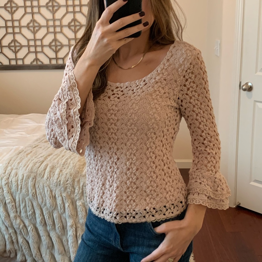 Free People Lace Sweater Top Tan Small